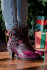Vicconfy | FLORAL EMBOSSED BUCKLE UP LEATHER BOOTIE - VIOLET