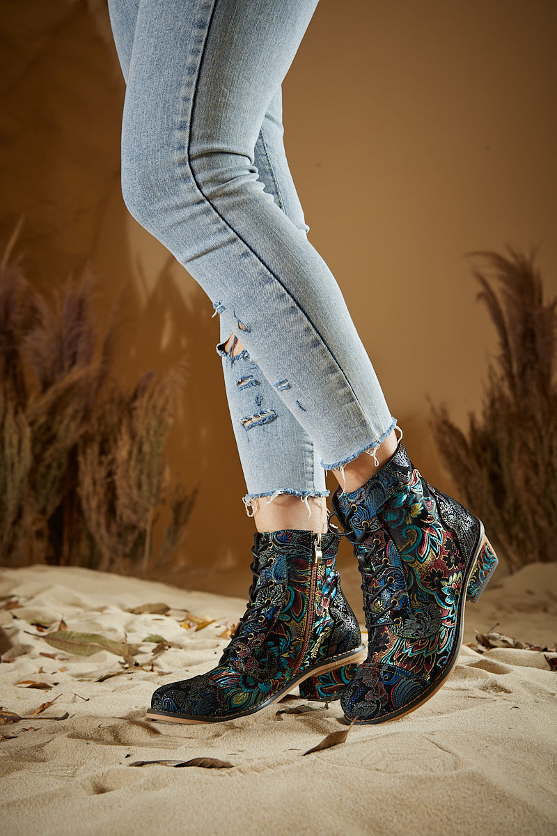 Vicconfy | Frances Floral Leather Block Heel Ankle Boots