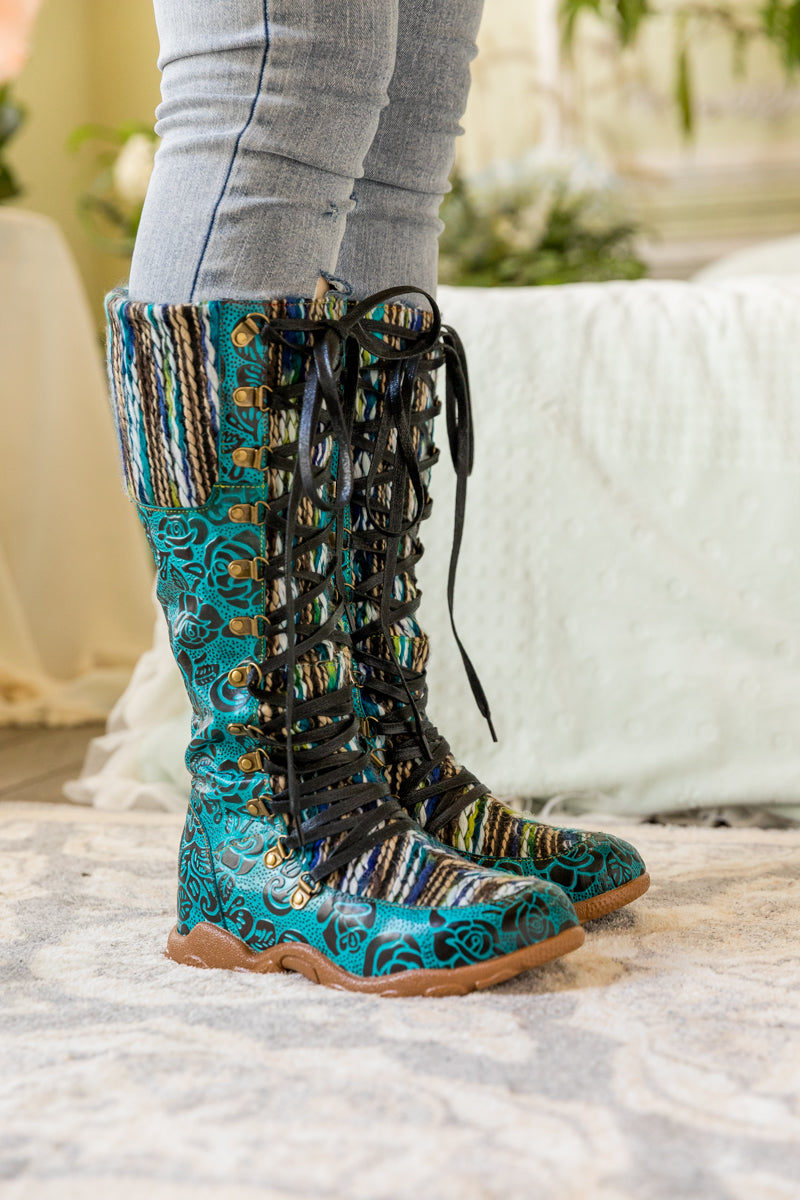 Vicconfy | ROSE EMBOSSED TEAL LEATHER TIE-ACCENT BOOT