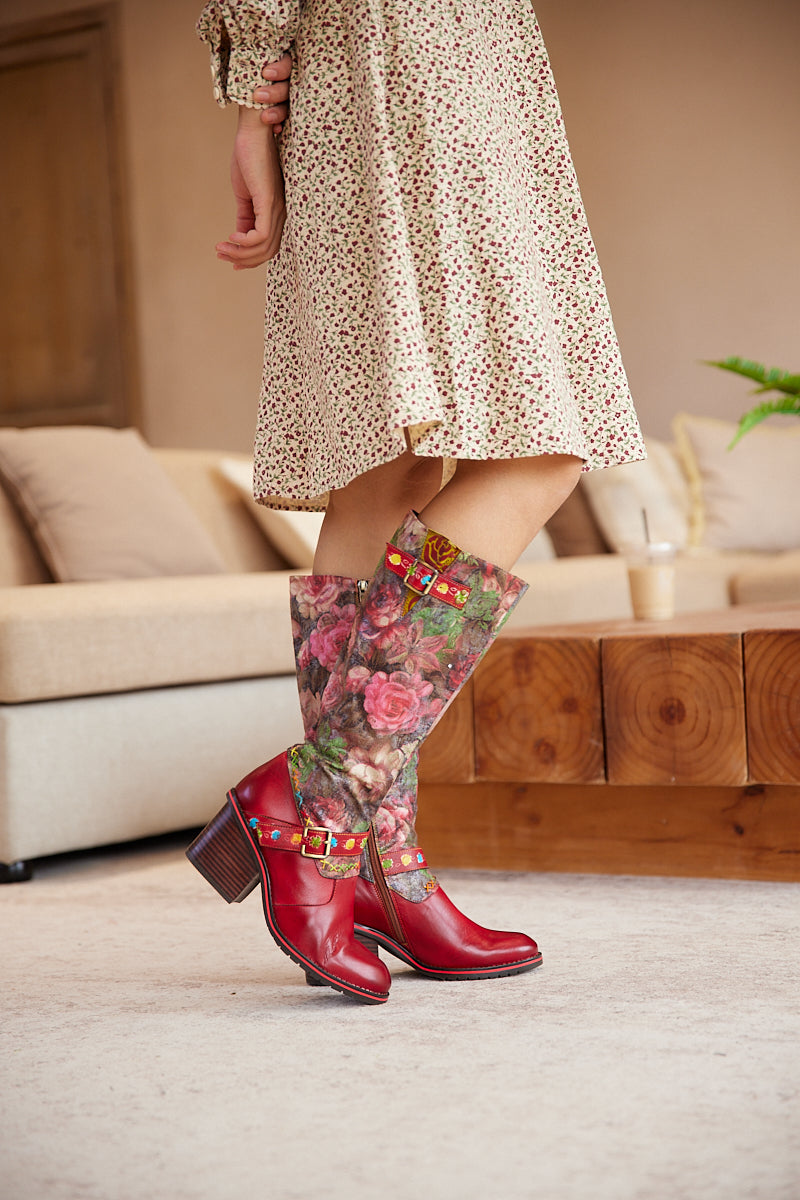 Vicconfy | Maude Floral Wide Calf Leather Knee High Boots