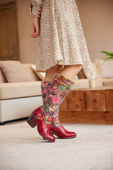 Vicconfy | Maude Floral Wide Calf Leather Knee High Boots