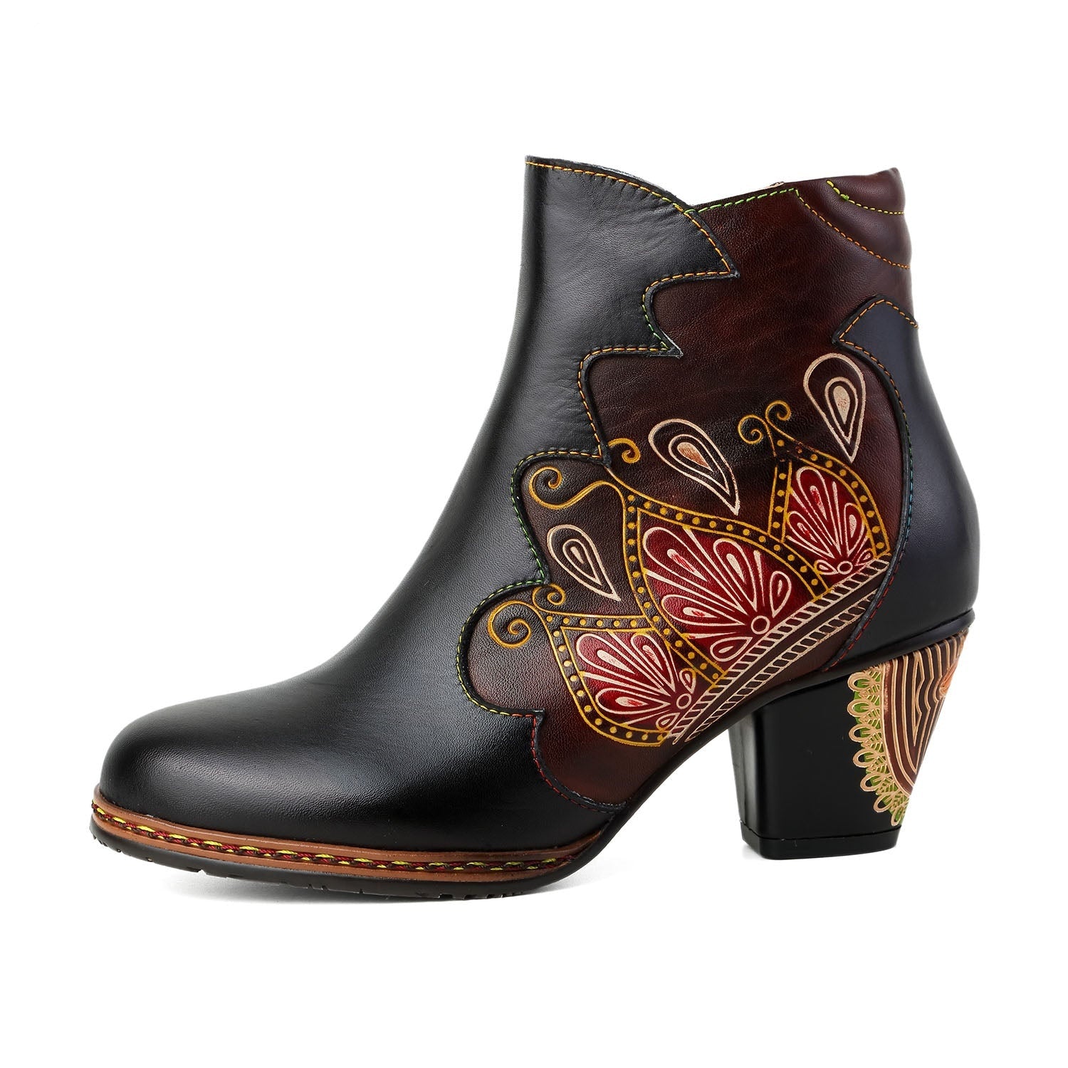 Vicconfy Retro Pattern Leather Zipper Ankle Boots