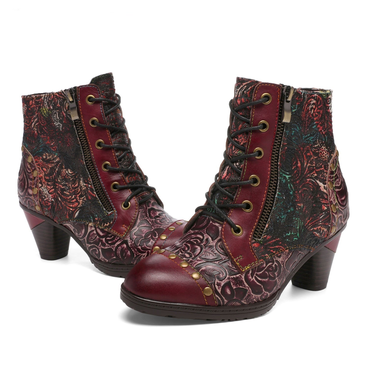 Vicconfy Retro Handmade Leather Patchwork Ankle Boots