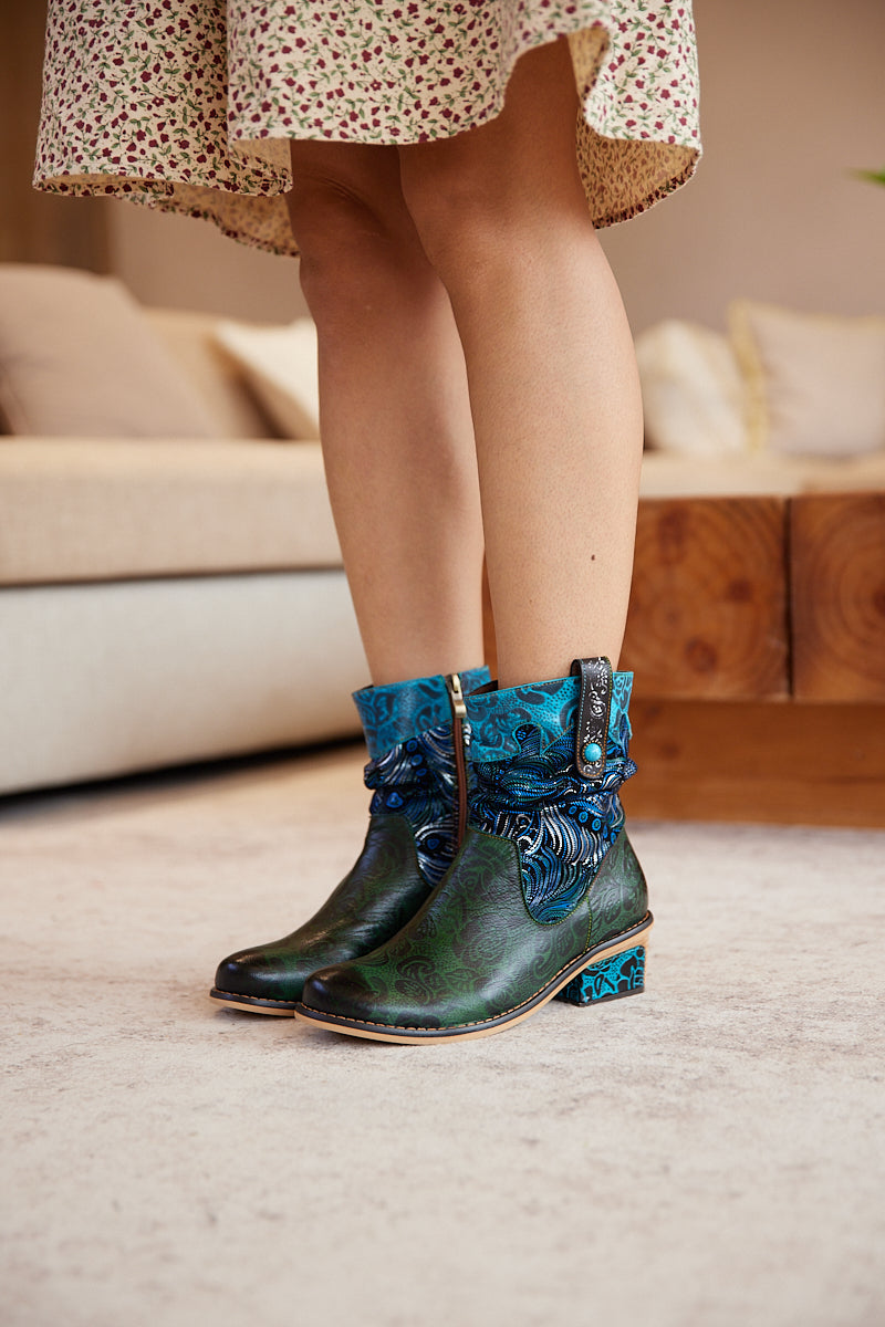 Vicconfy | Zandra Floral Embossed Leather Ankle Boots