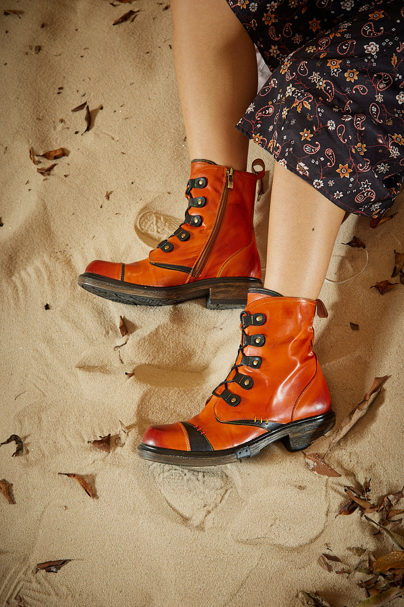 Vicconfy | Pumpkin Stepper Leather Combat Boots