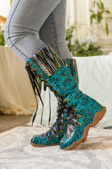 Vicconfy | ROSE EMBOSSED TEAL LEATHER TIE-ACCENT BOOT