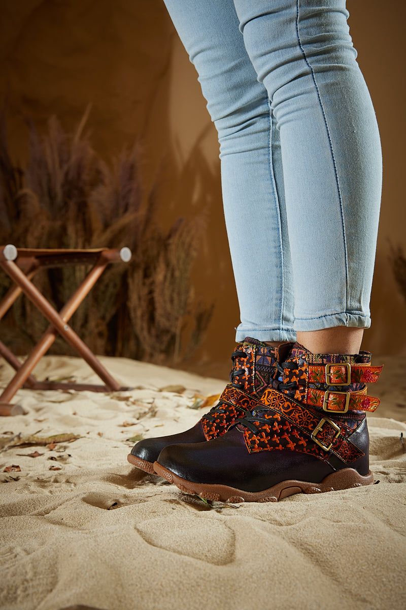 Vicconfy | Nichols Floral Embossed Leather Combat Boots