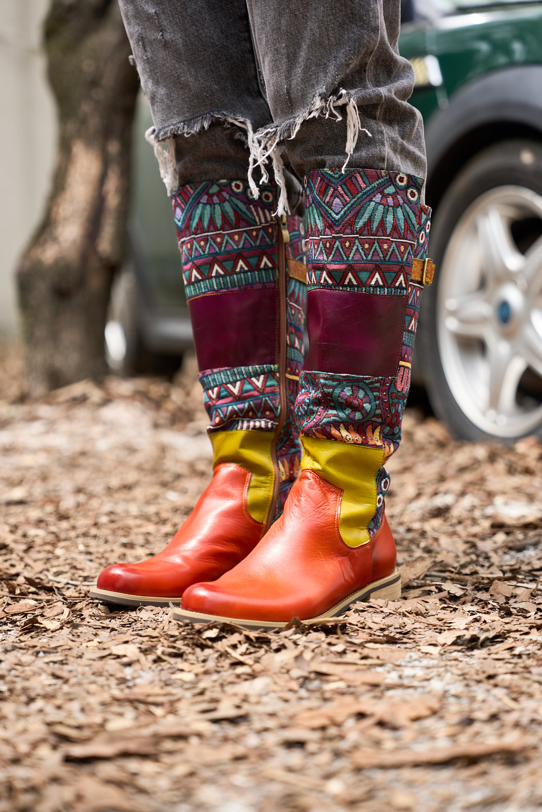 Vicconfy | Cozy Up Abstract Embroidered Leather Knee-High Boots