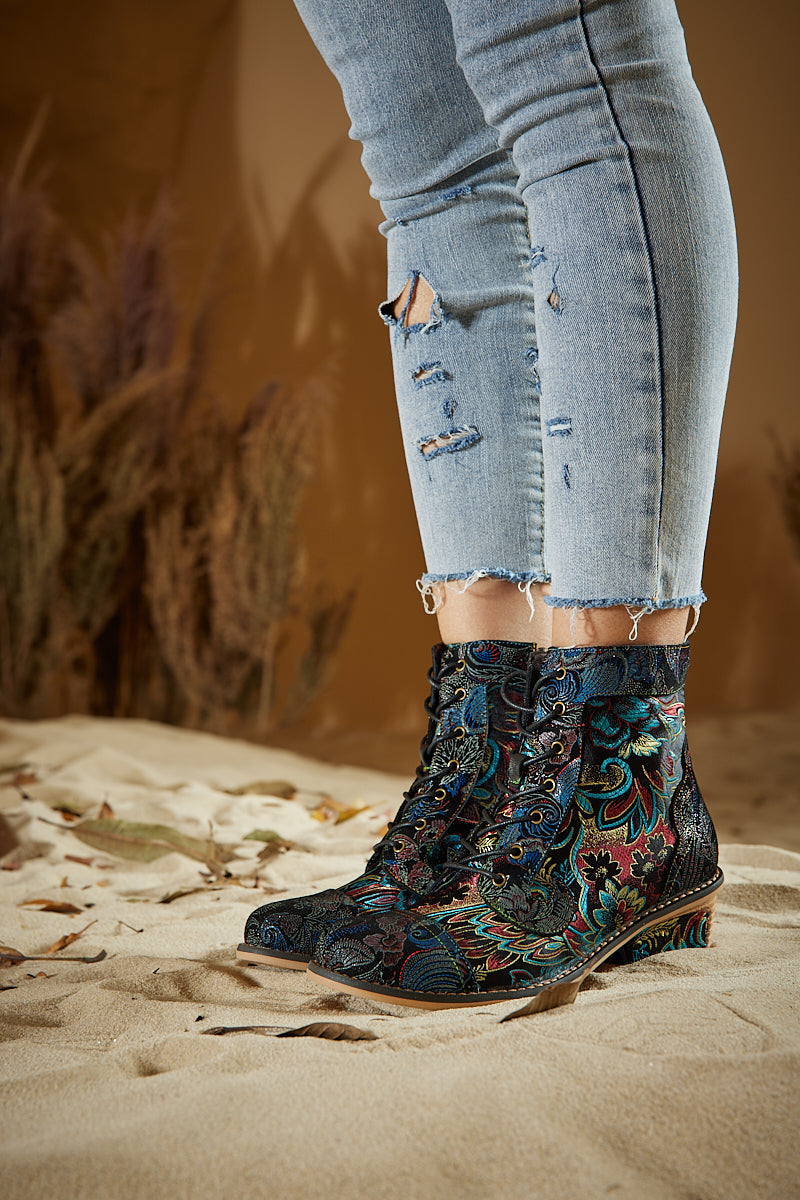 Vicconfy | Frances Floral Leather Block Heel Ankle Boots