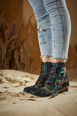 Vicconfy | Frances Floral Leather Block Heel Ankle Boots