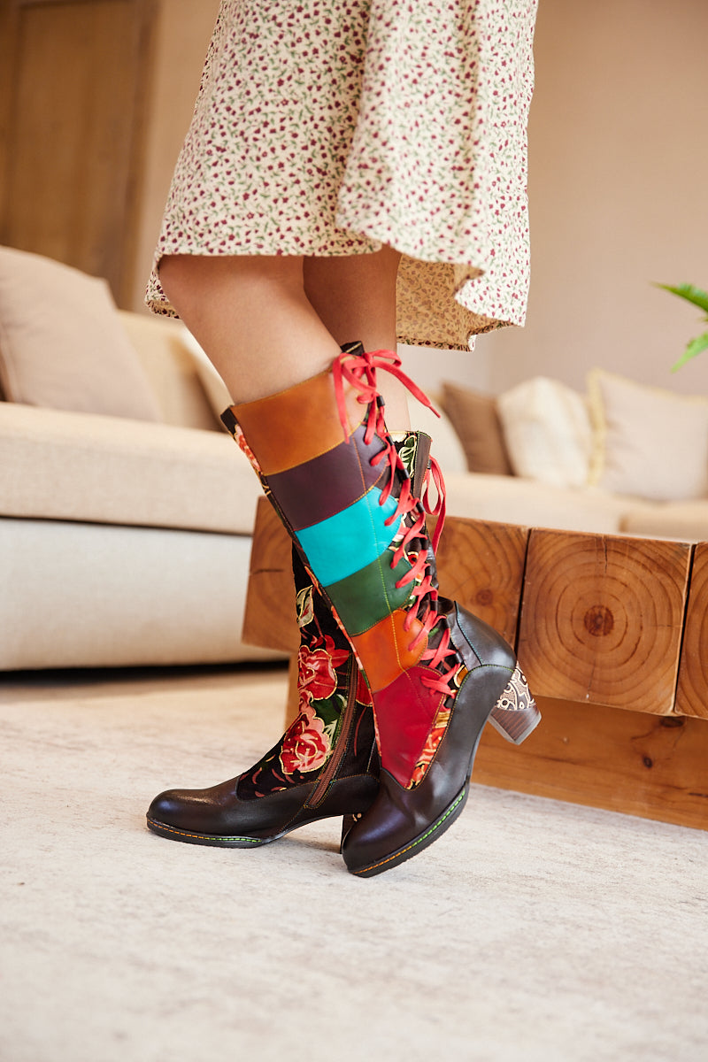 Vicconfy | Delora Floral Contrast Stripe Wide Calf Leather Knee High Boots