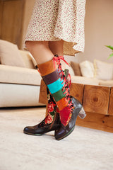 Vicconfy | Delora Floral Contrast Stripe Wide Calf Leather Knee High Boots