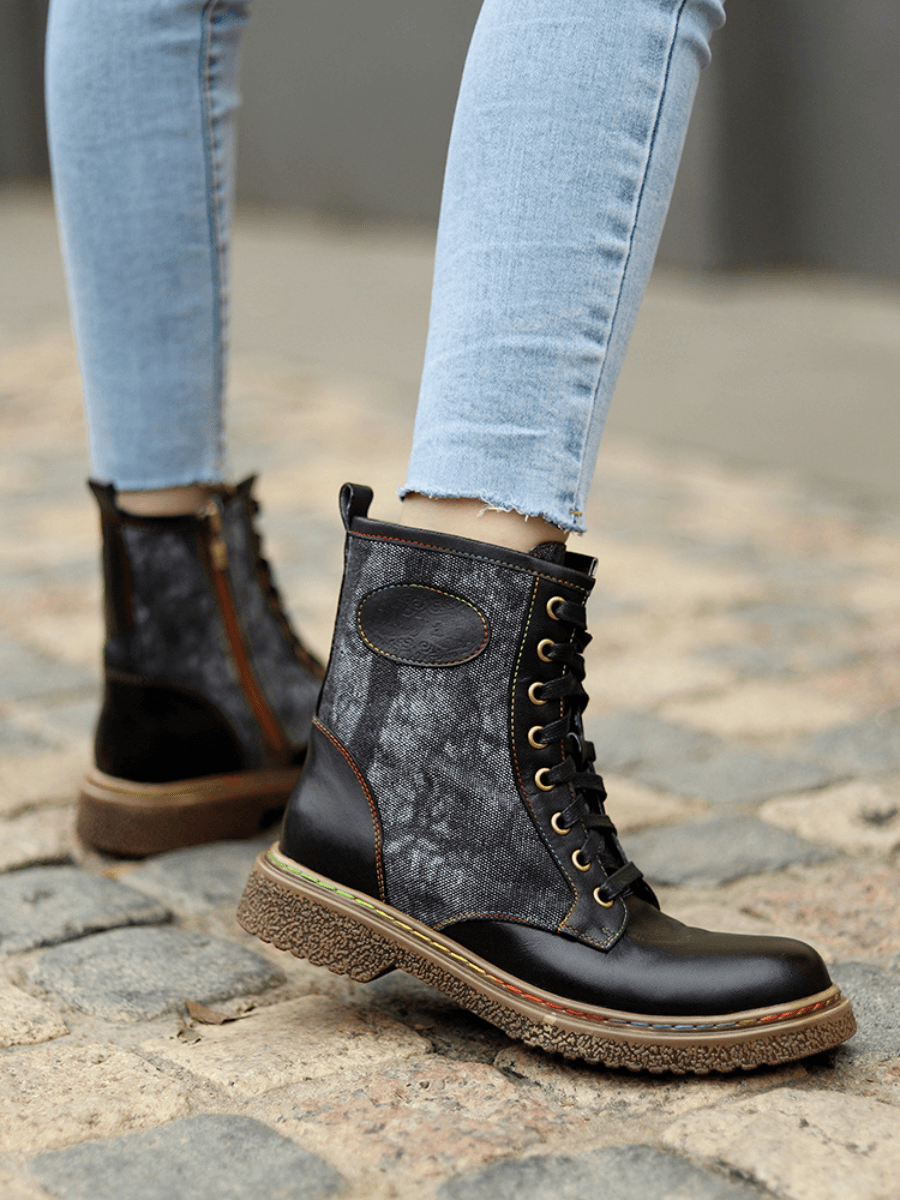 Vicconfy | Tie Dye-Contrast Genuine Leather Combat Boots