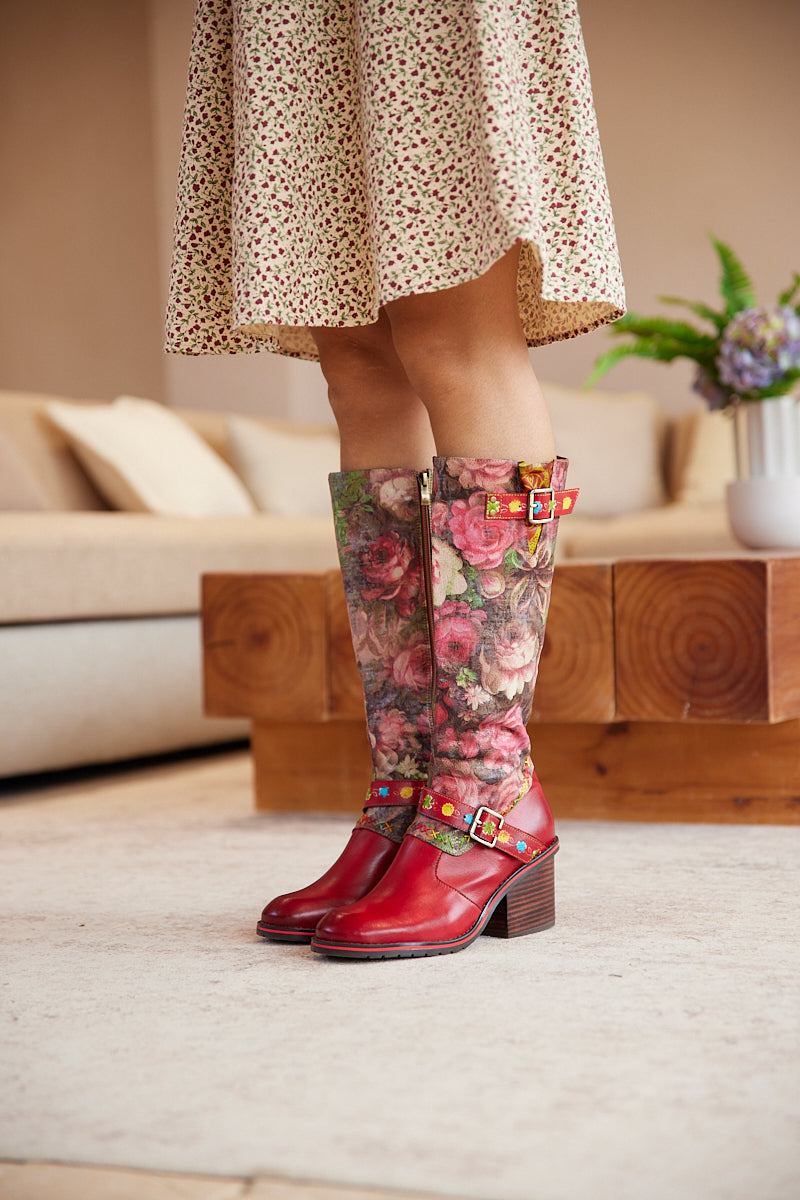 Vicconfy | Maude Floral Wide Calf Leather Knee High Boots