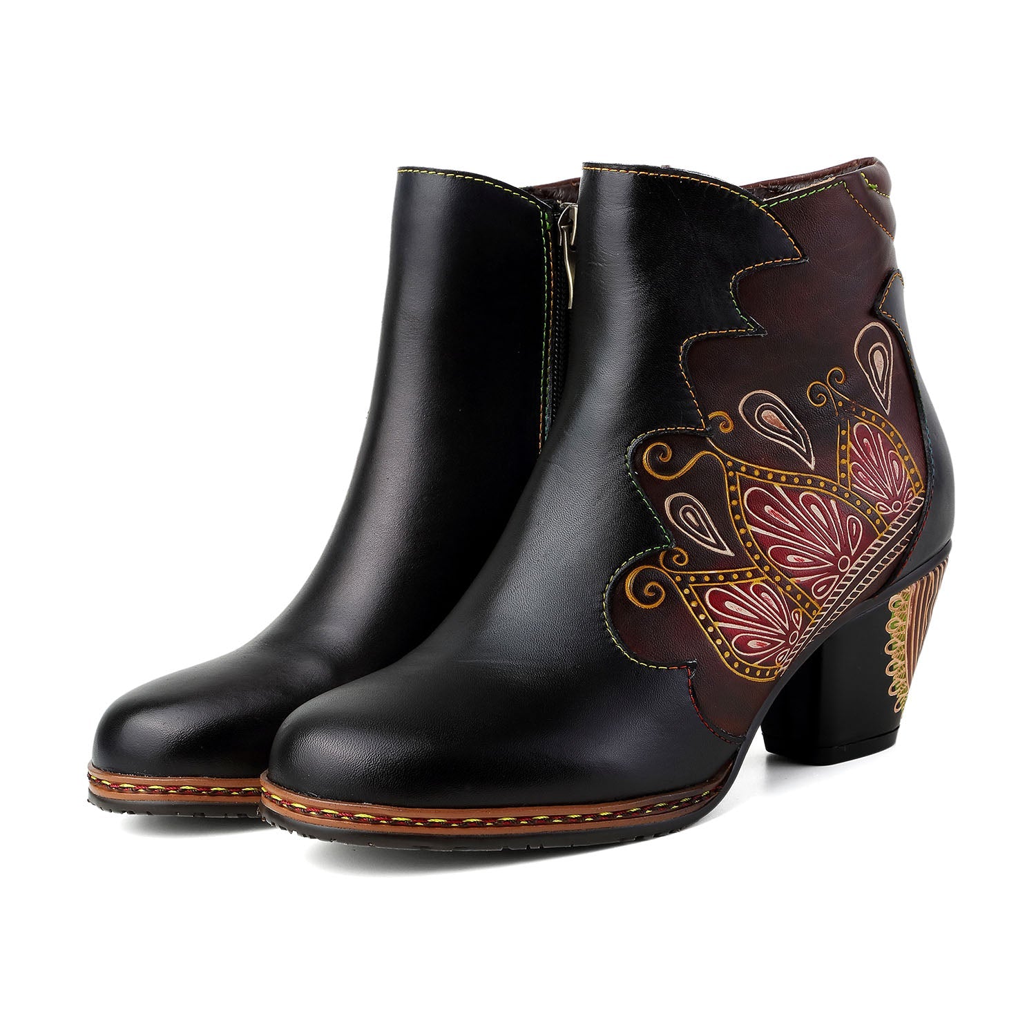 Vicconfy Retro Pattern Leather Zipper Ankle Boots