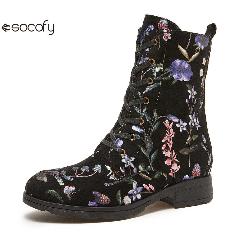 Vicconfy Autumn and winter warm and wear-resistant mid-calf round-toe cowhide leather fashion boots