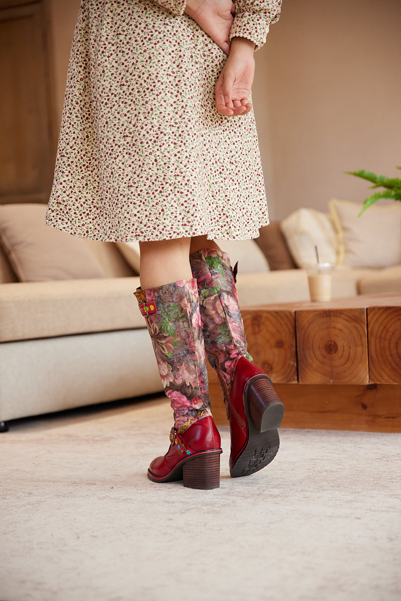Vicconfy | Maude Floral Wide Calf Leather Knee High Boots