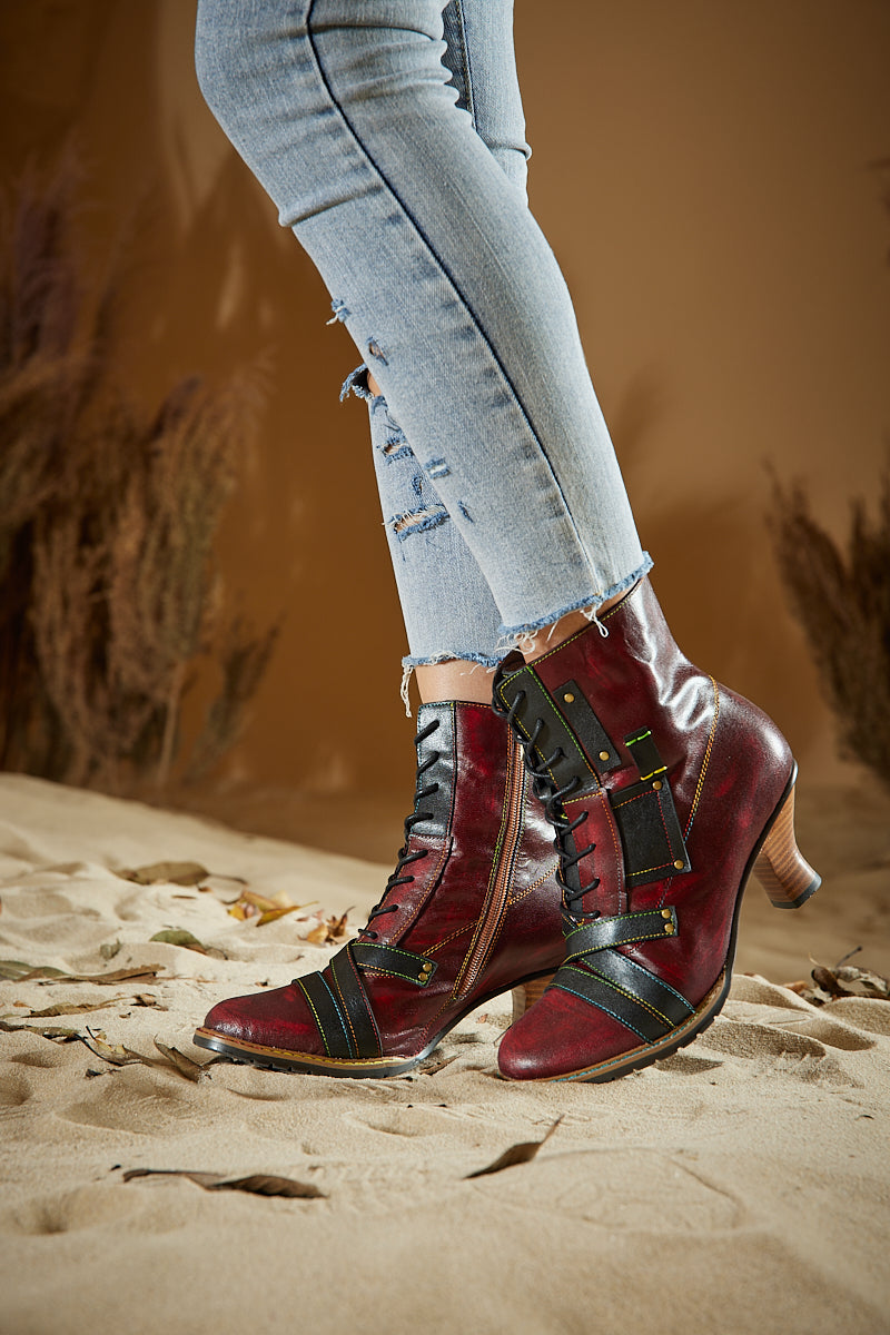 Vicconfy | Felicia Patchwork Leather Kitten Heel Ankle Boots
