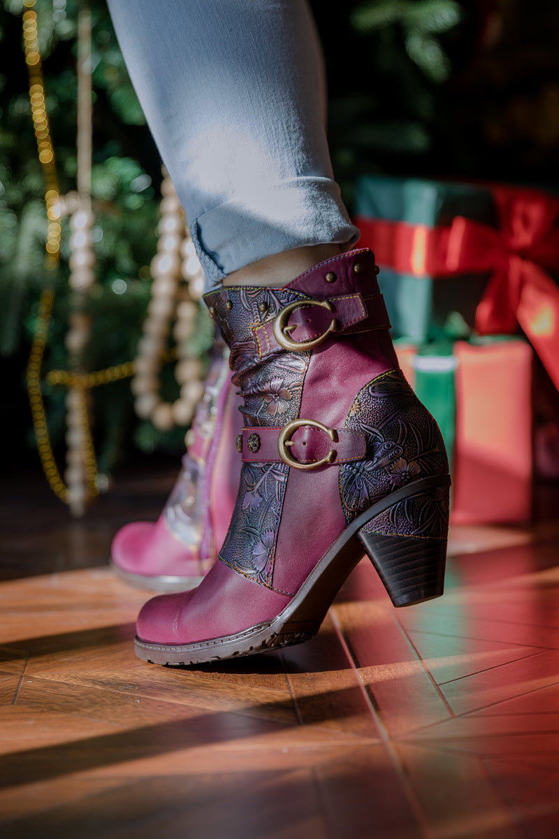 Vicconfy | FLORAL EMBOSSED BUCKLE UP LEATHER BOOTIE - VIOLET