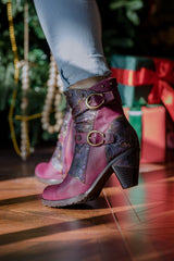 Vicconfy | FLORAL EMBOSSED BUCKLE UP LEATHER BOOTIE - VIOLET