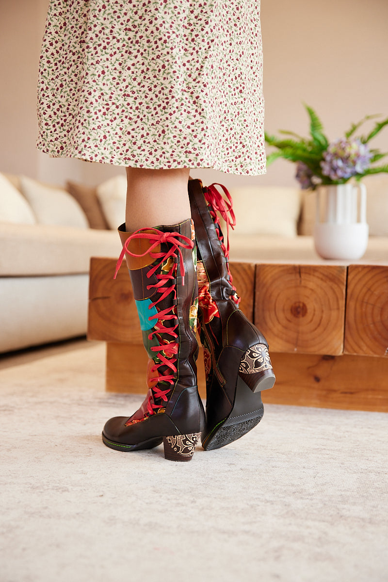Vicconfy | Delora Floral Contrast Stripe Wide Calf Leather Knee High Boots
