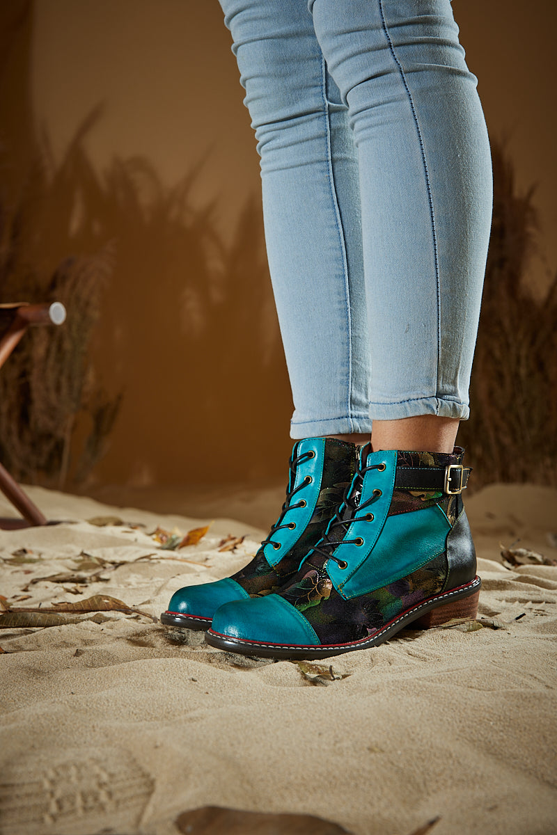 Vicconfy | Macie Glam Floral Leather Ankle Boots