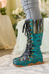 Vicconfy | ROSE EMBOSSED TEAL LEATHER TIE-ACCENT BOOT