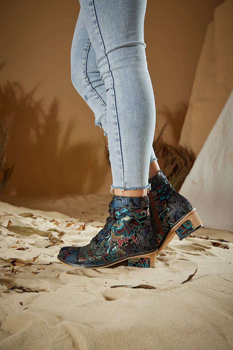 Vicconfy | Frances Floral Leather Block Heel Ankle Boots