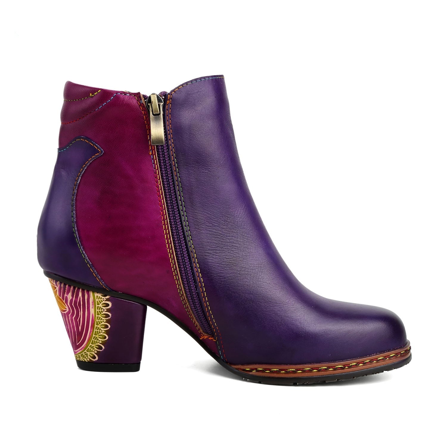 Vicconfy Retro Pattern Leather Zipper Ankle Boots