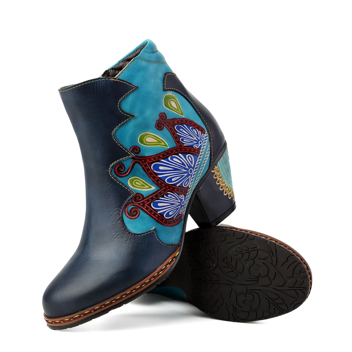 Vicconfy Retro Pattern Leather Zipper Ankle Boots