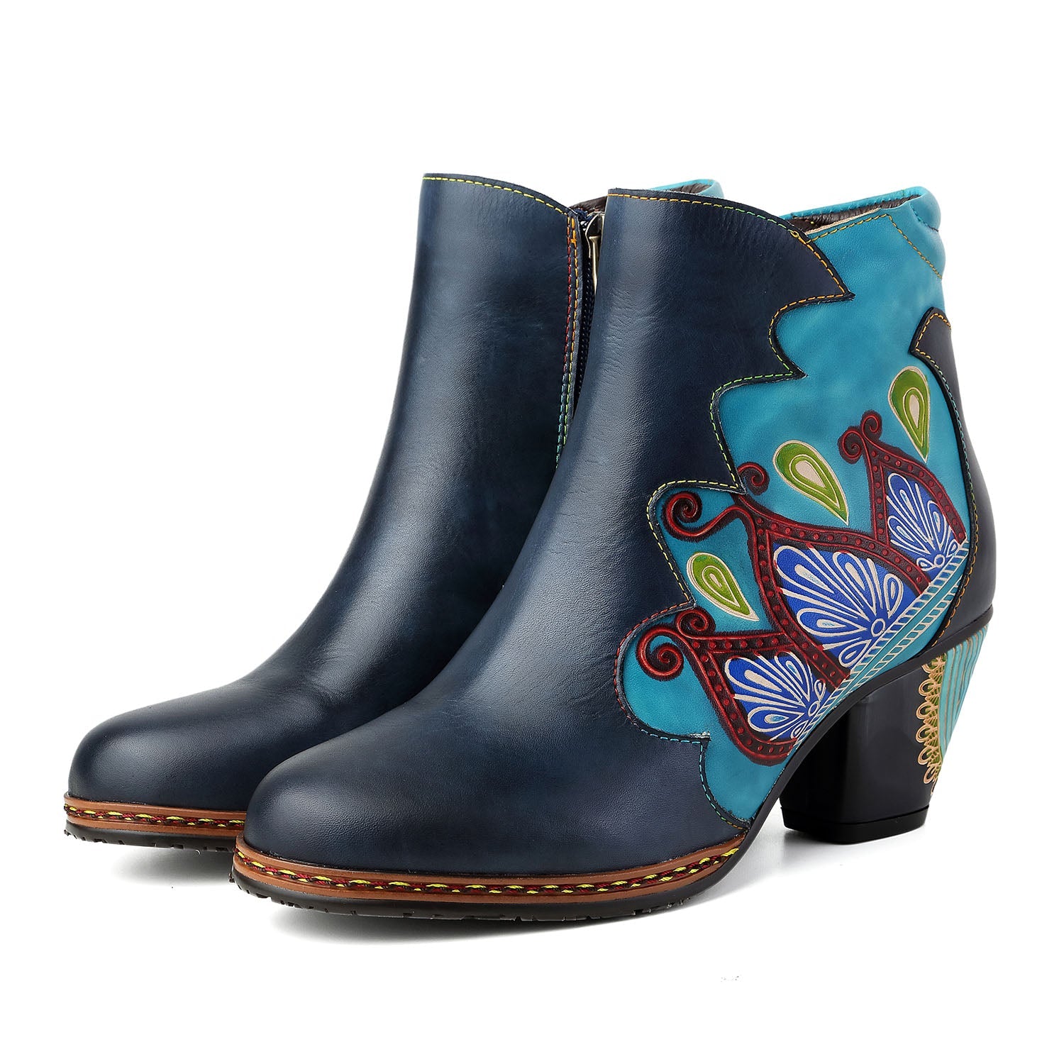 Vicconfy Retro Pattern Leather Zipper Ankle Boots