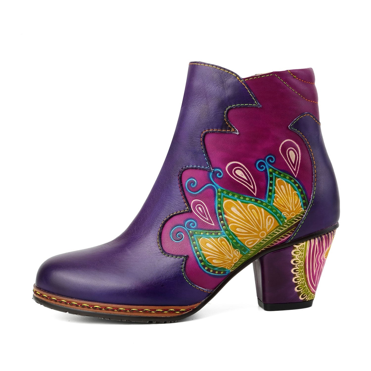 Vicconfy Retro Pattern Leather Zipper Ankle Boots