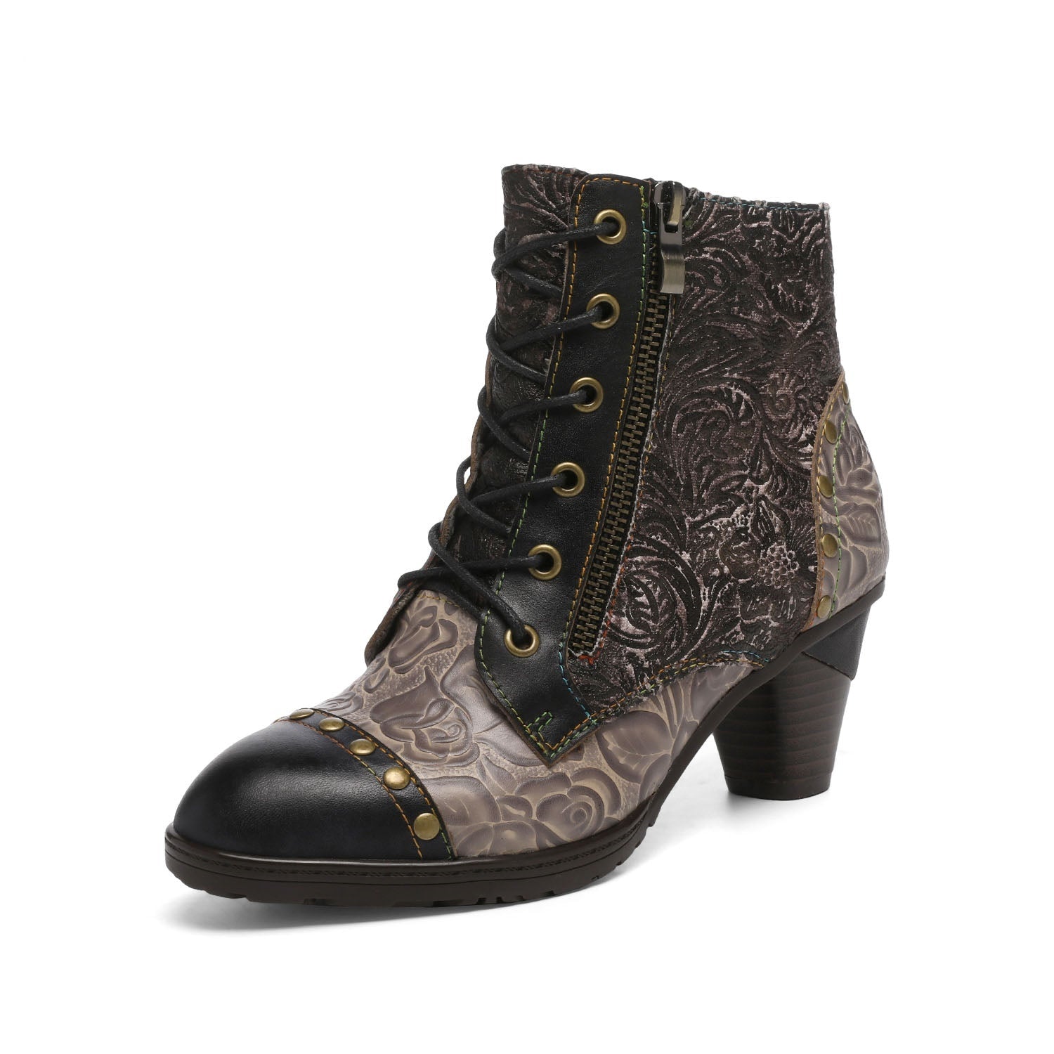 Vicconfy Retro Handmade Leather Patchwork Ankle Boots