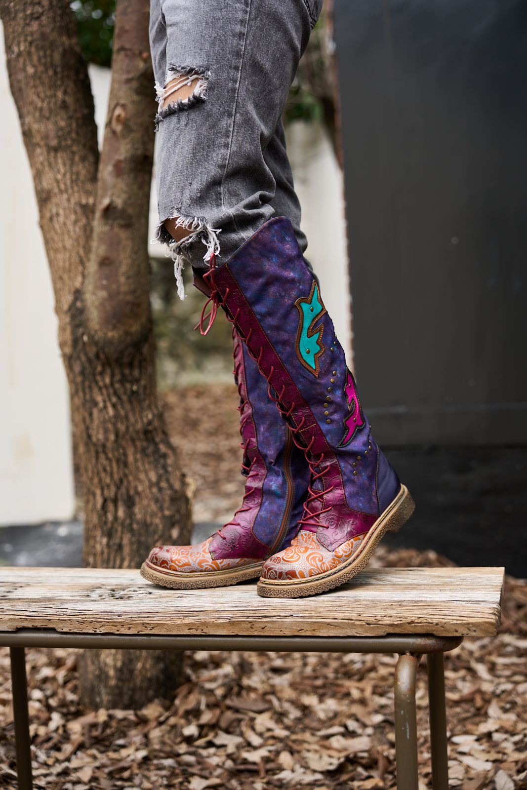 Vicconfy | Full of Whimsy Floral Embossed Leather Knee-High Boots