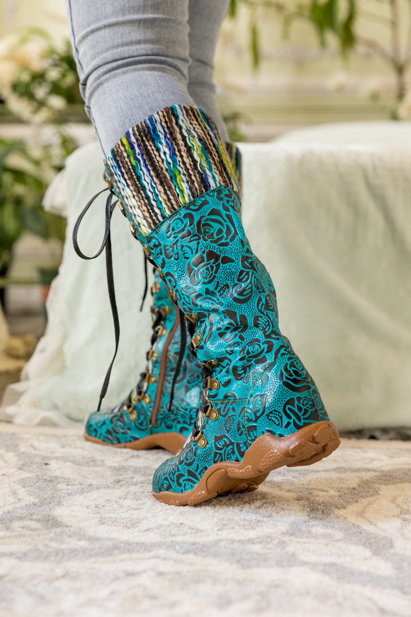 Vicconfy | ROSE EMBOSSED TEAL LEATHER TIE-ACCENT BOOT
