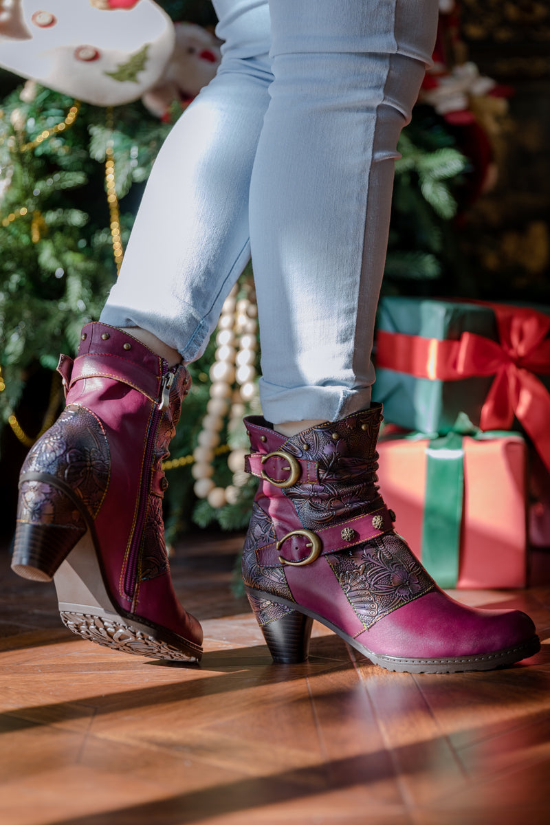 Vicconfy | FLORAL EMBOSSED BUCKLE UP LEATHER BOOTIE - VIOLET