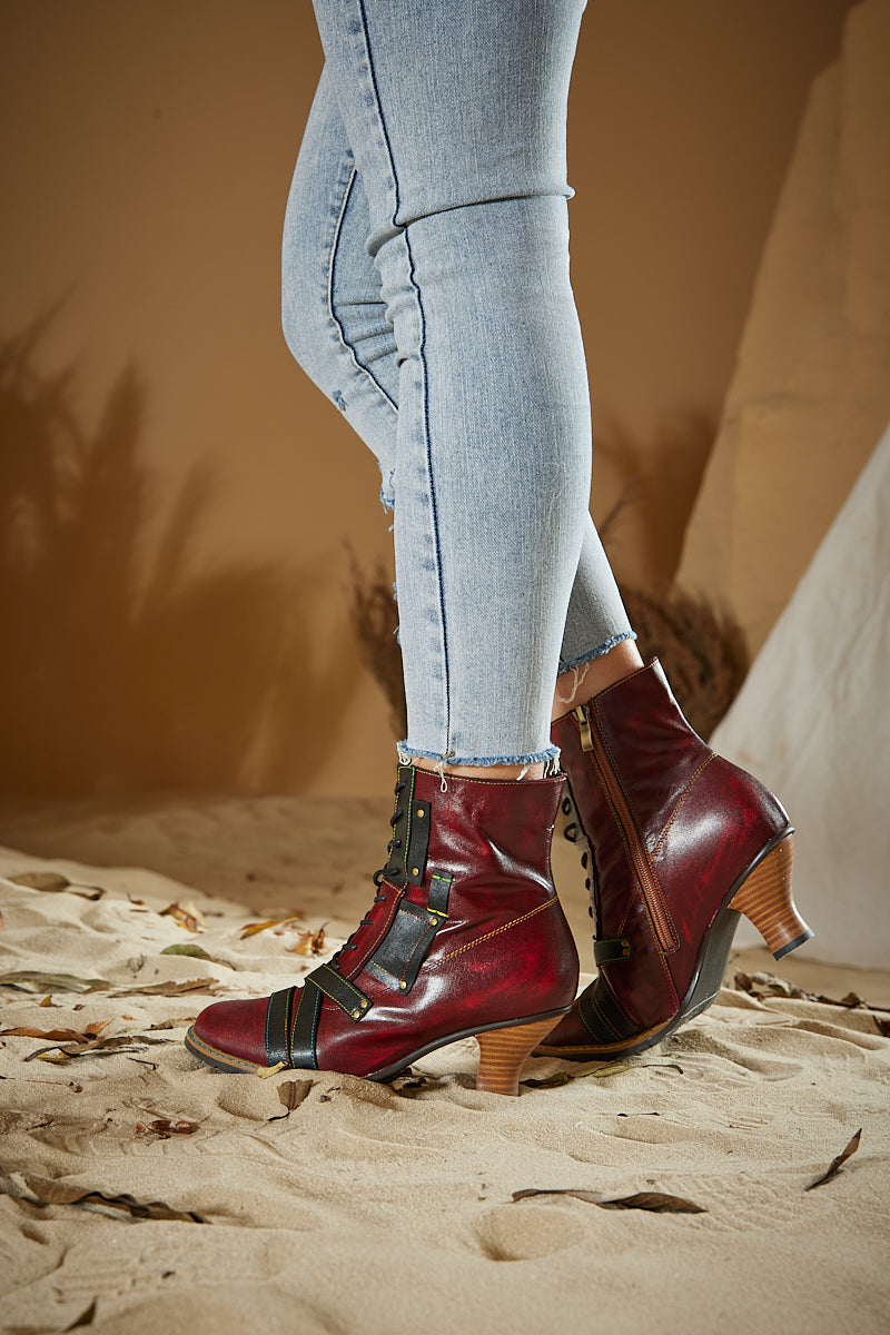 Vicconfy | Felicia Patchwork Leather Kitten Heel Ankle Boots