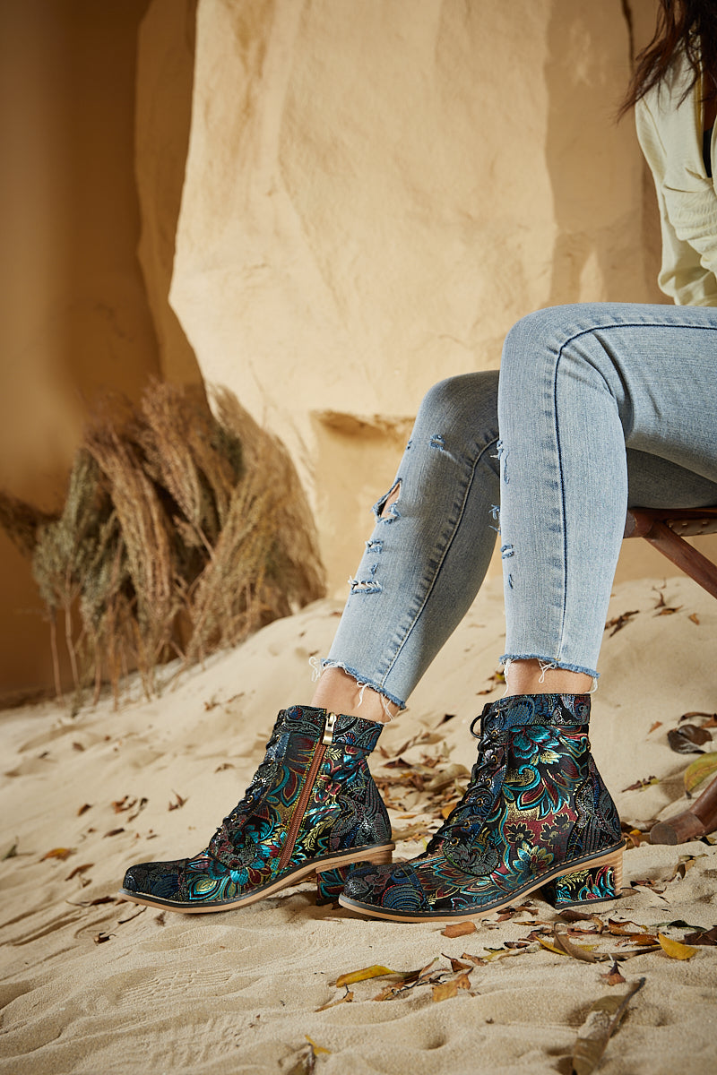 Vicconfy | Frances Floral Leather Block Heel Ankle Boots