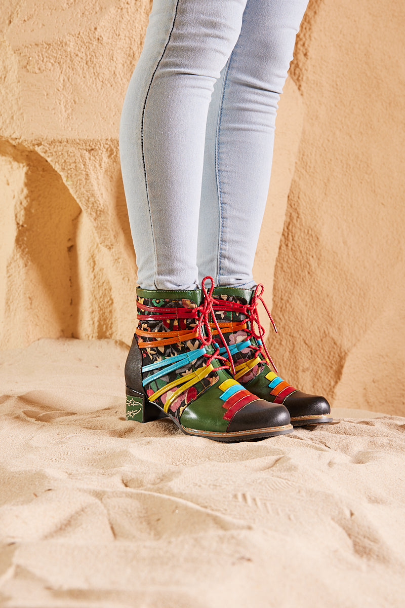 Vicconfy | Desert Express Floral Leather Combat Boots