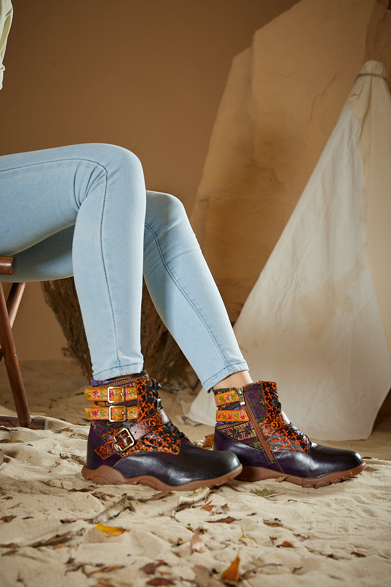 Vicconfy | Nichols Floral Embossed Leather Combat Boots