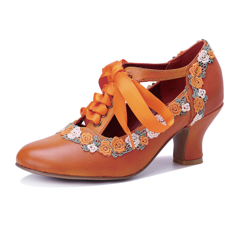 Vicconfy Lace Up Embroidered Leather Heeled Sandals