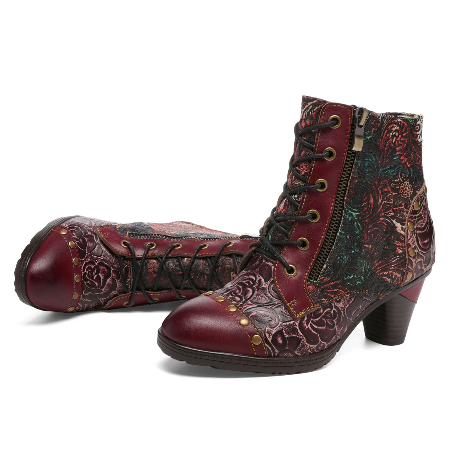 Vicconfy Retro Handmade Leather Patchwork Ankle Boots