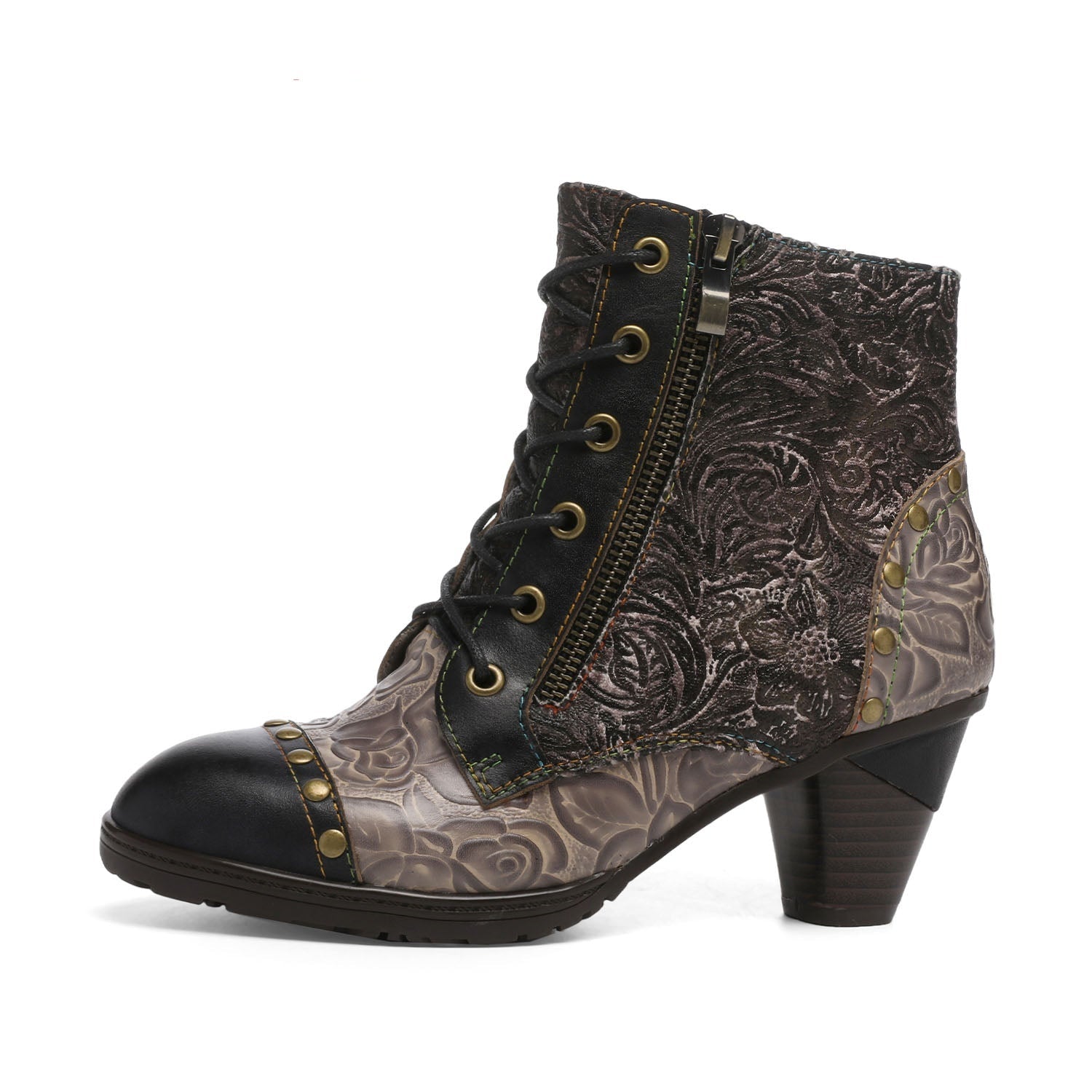 Vicconfy Retro Handmade Leather Patchwork Ankle Boots
