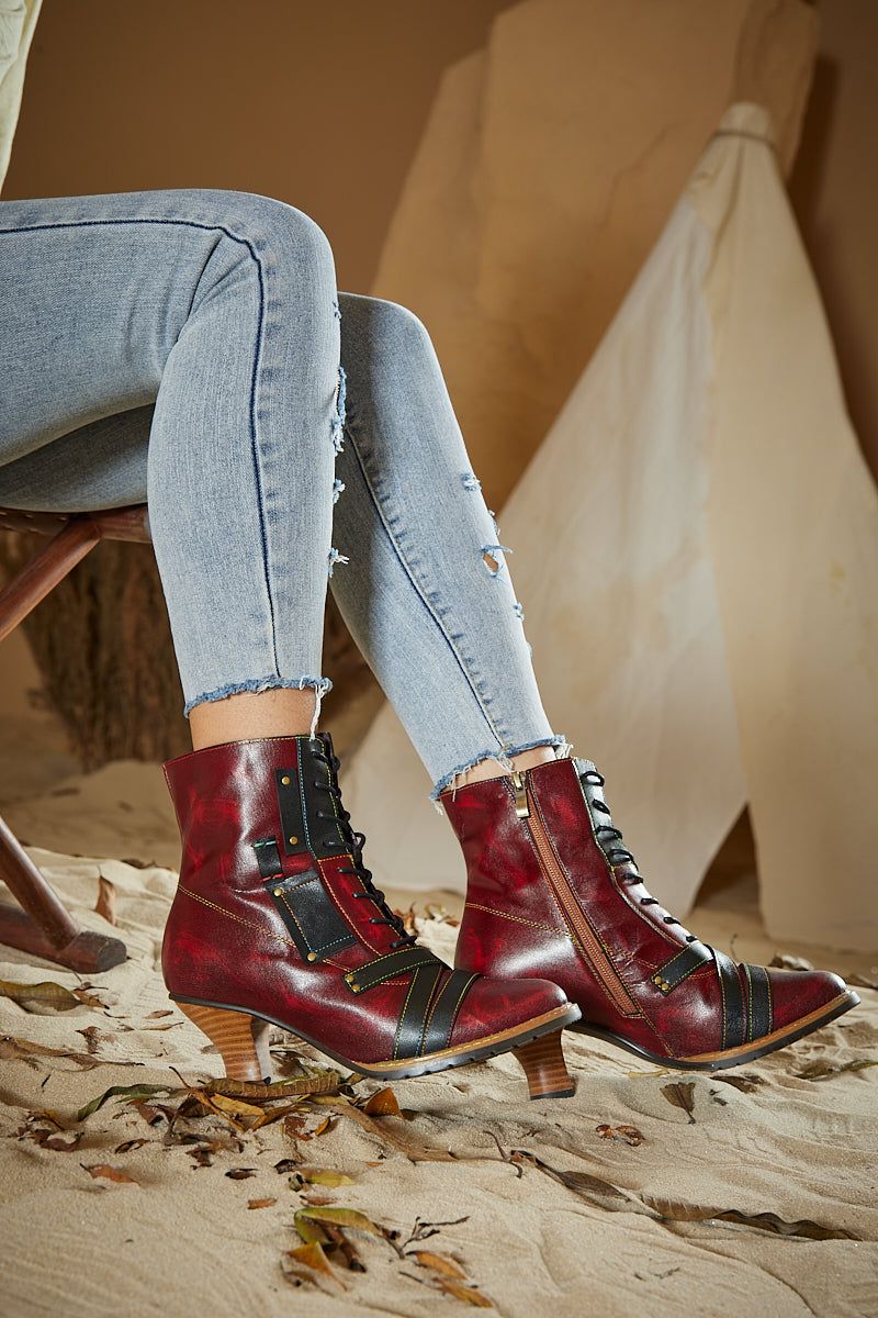 Vicconfy | Felicia Patchwork Leather Kitten Heel Ankle Boots