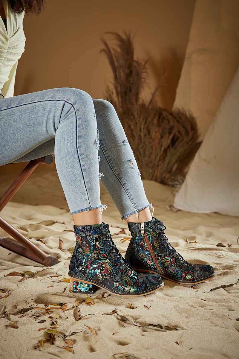 Vicconfy | Frances Floral Leather Block Heel Ankle Boots
