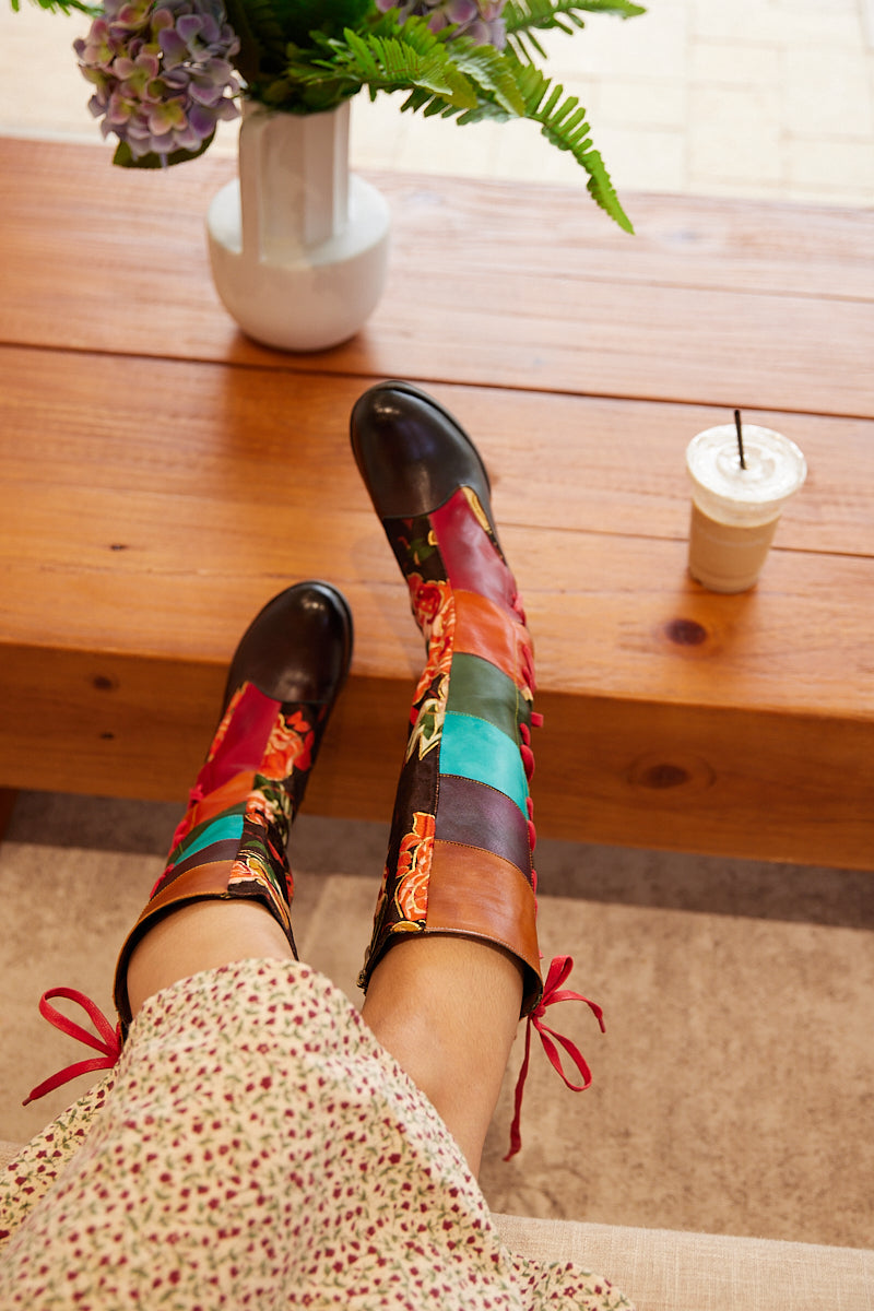 Vicconfy | Delora Floral Contrast Stripe Wide Calf Leather Knee High Boots