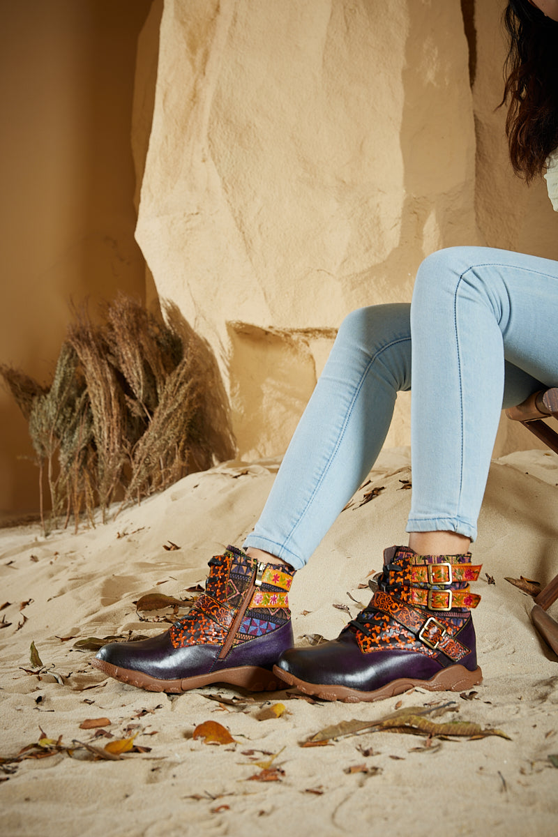 Vicconfy | Nichols Floral Embossed Leather Combat Boots