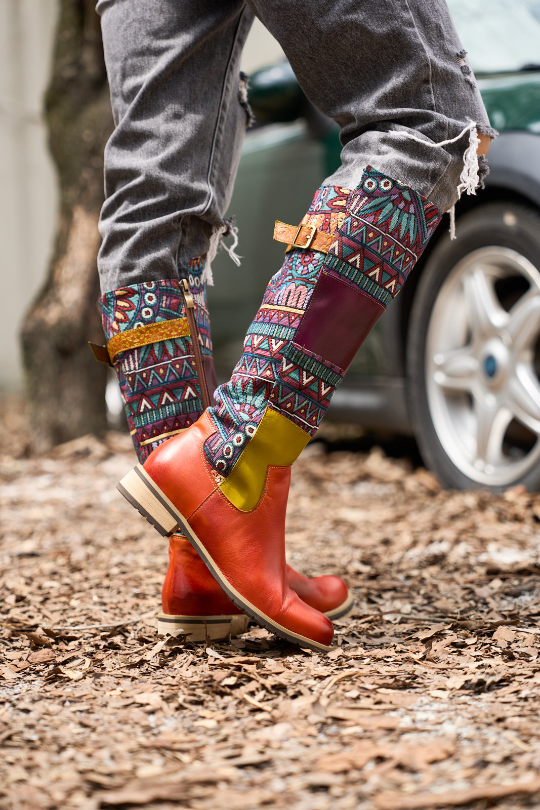 Vicconfy | Cozy Up Abstract Embroidered Leather Knee-High Boots