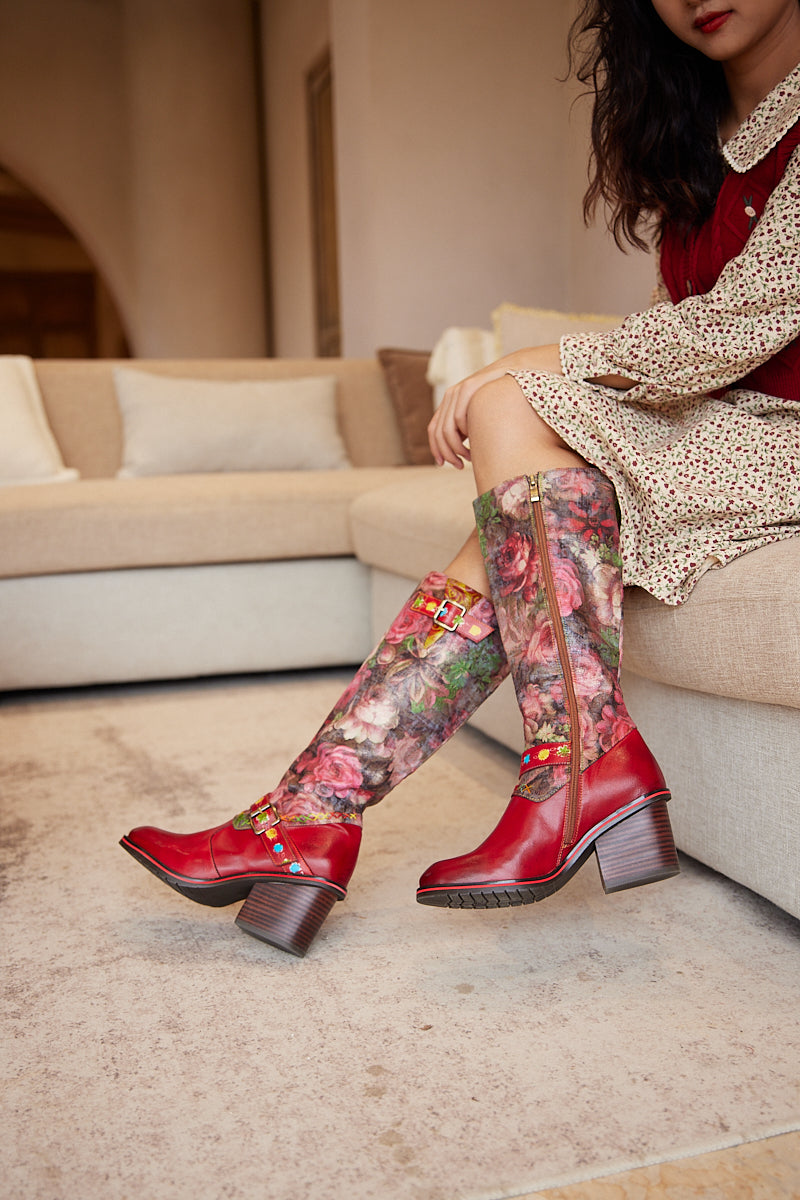 Vicconfy | Maude Floral Wide Calf Leather Knee High Boots