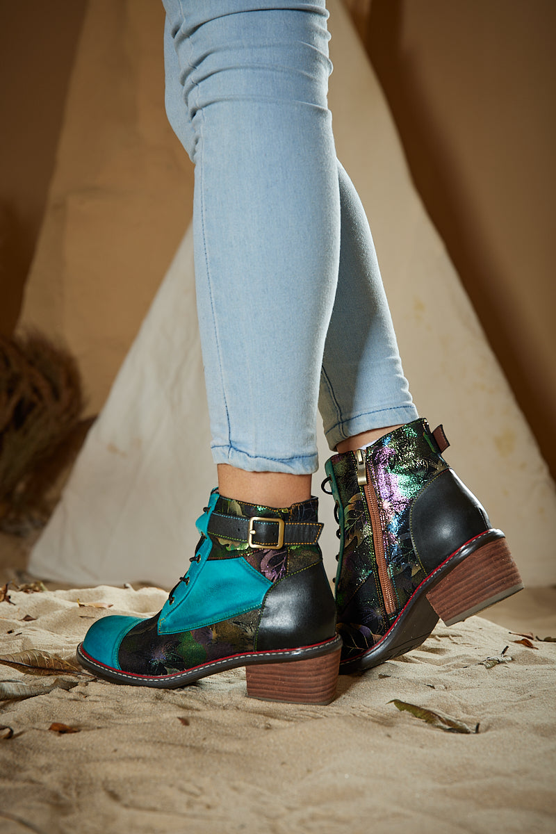 Vicconfy | Macie Glam Floral Leather Ankle Boots